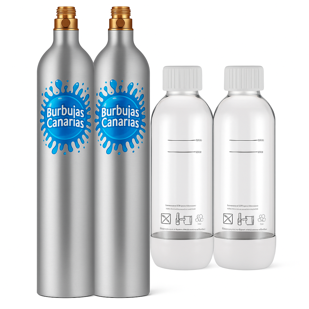 Pack 2 Bombonas CO₂ + 2 Botellas Reutilizables de 1 L